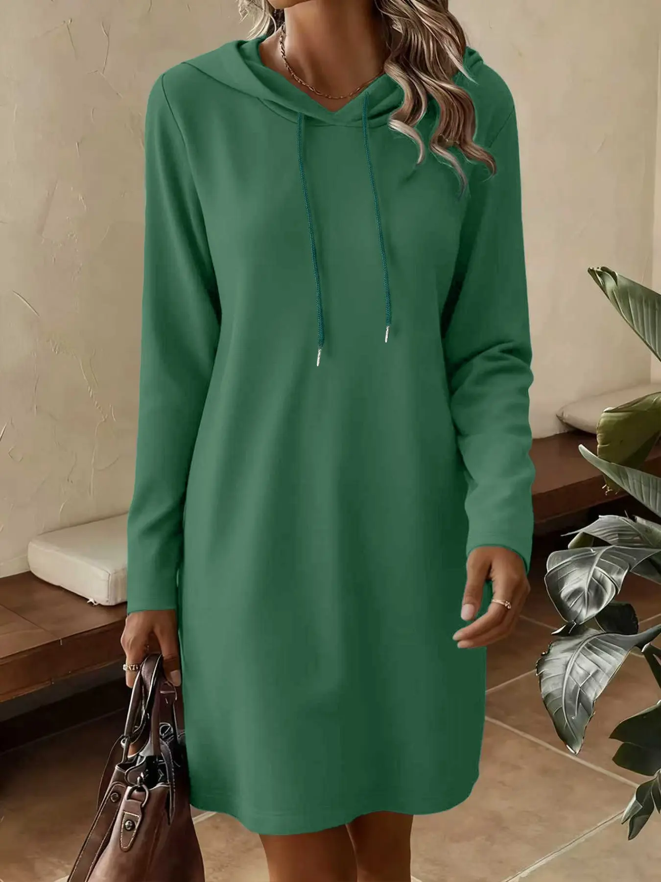 Women's Solid Color Long Sleeve Hoodie Dress, Basic Versatile Design, Perfect for Daily Commute & Casual Wear