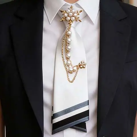 Pre-Tied Imitation Pearl Tie, Metal Necklace Accent, Satin School Tie, Essential for Shirts, Uniforms, Parties, Graduation, Daily Wear, Plain Ties
