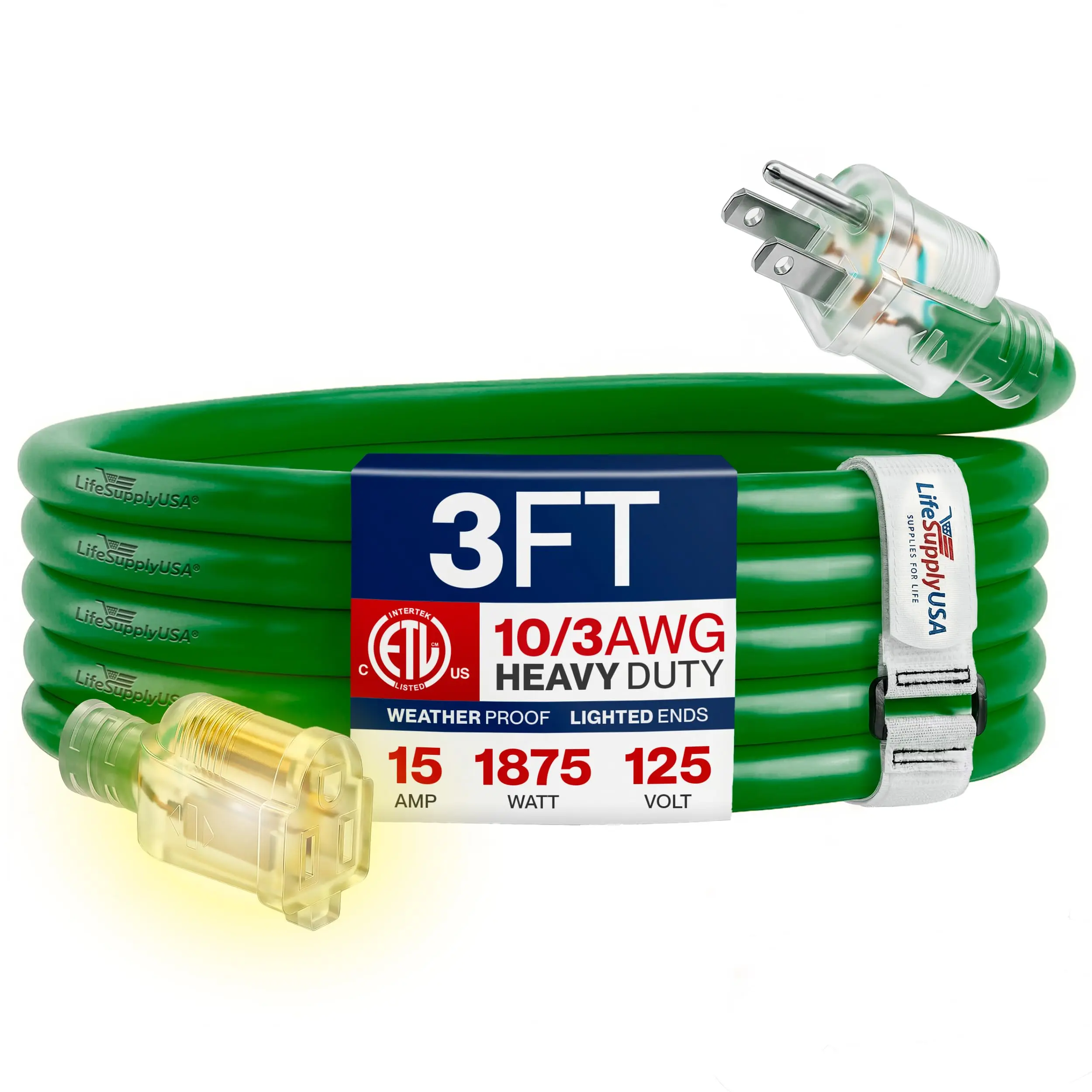 LifeSupplyUSA Heavy-Duty 3-Prong SJTW Outdoor/Indoor Extension Cord, Waterproof, ETL Listed, Flexible Cold-Resistant Long Power Cable