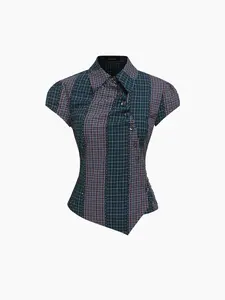 Cider Women's 100% Cotton Asymmetrical Button, 2-Tone, Patched Blouse