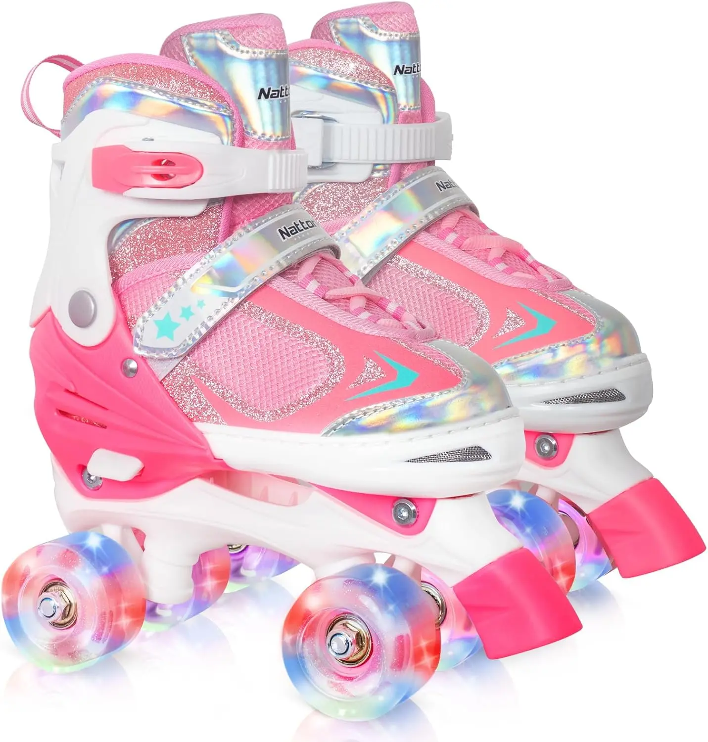 4-Size Adjustable Quad Roller Skates for Toddlers Kids Boys Girls, Self-Powered Light Up Flashing Wheels Beginner Skates, Multiple Colors Available Indoor Outdoor Sports Birthday Gift