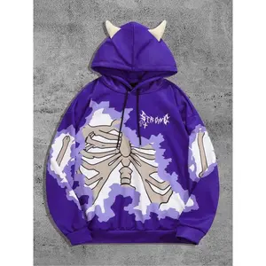 Men's Skeleton & Cross Halloween Graphic Drop Shoulder Demon Design Hoodie, Regular Fit Fashion Casual Drawstring Hooded Sweatshirt for Daily Holiday Outdoor Wear, Menswear for Fall & Winter, Tops for Men