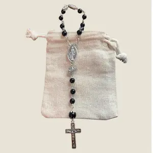 Silver/Black Car Rosary with Gold Cross and Beads in Linen Pouch for Easy Access and Travel