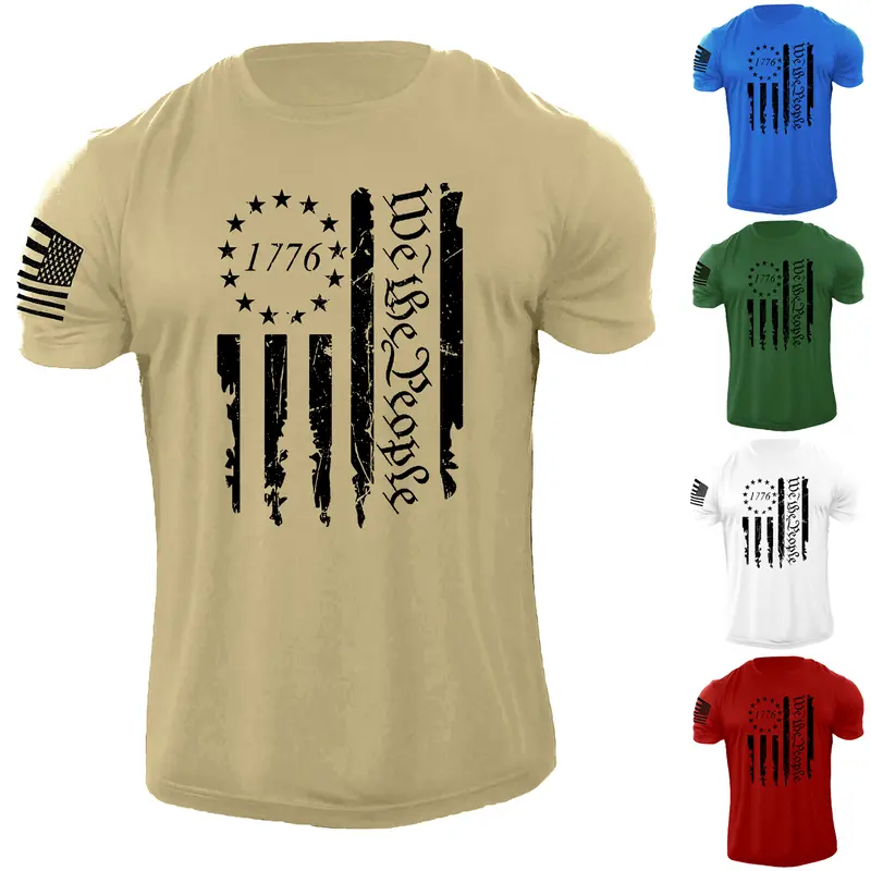 New Men's USA 1776 Distressed American Flag T-Shirt Patriotic 100% Cotton Tee Casual Crewneck Classic Menswear