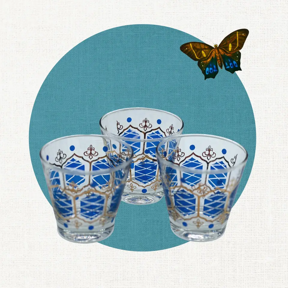 Vintage MCM Anchor Hocking Royal Blue Fleur-de-Lis Rock Glasses, Set of 3
