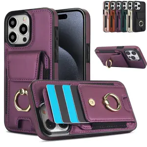 Finger Ring Bracket Protective Phone Case Cover with Card Holder, 1 Count PU Leather Phone Case with Card Slot, Cellphone Smartphone Accessories for iPhone 16 15 14 13 12 11 Pro Max, Protector, Phone Cover Casing, Protection