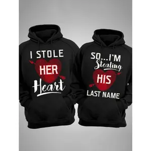 Valentine's Day Couple Hoodie Limited Edition I STOLE HER HEART Printed Kangaroo Pocket Casual Long Sleeve Hooded Sweatshirt for Men Cotton Blend Loose Fit