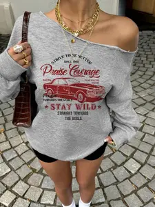 Women's Off-Shoulder Graphic Car Pullover Sweatshirt Tops, Street Style Hip-Hop School Fashion, Casual Fitted Design for All Seasons