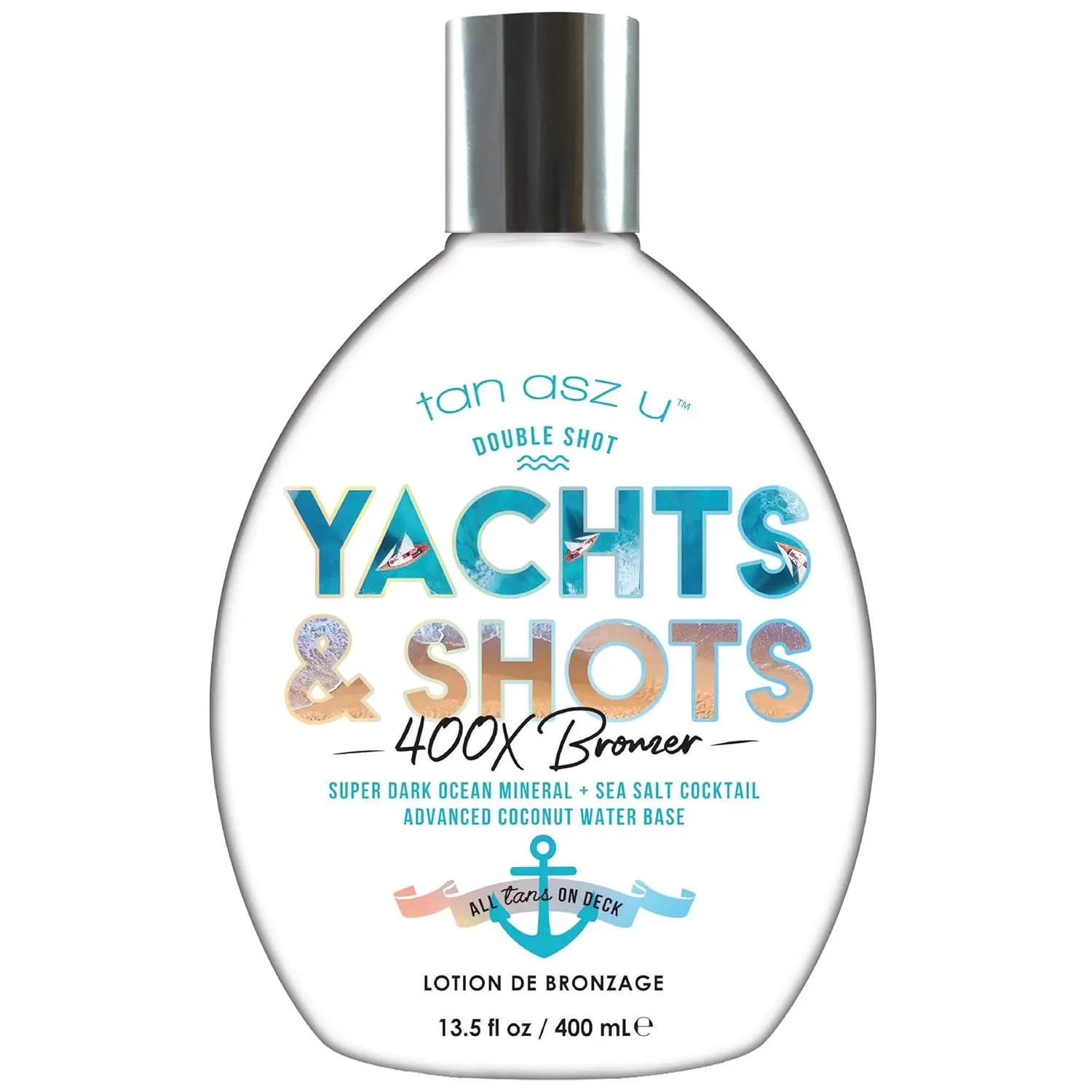 Tan Asz U Yachts & Shots Tanning Lotion, 400X Double Shot Bronzer, Super Dark Ocean Mineral & Sea Salt Cocktail Tanning Lotion with Advanced Coconut Water Base, 13.5 Fl Oz