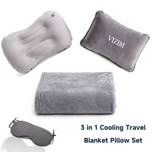VIZIM 3-in-1 Cooling Travel Blanket Pillow Set - Portable, Skin-Friendly, Compact Cooling Sleep Kit with Storage Bag, Inflatable Pillow & Eye Mask for Airplane, Camping, Office Nap