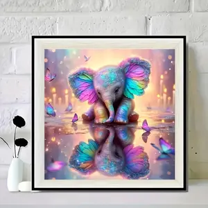 Animal Diamond Painting Kit, Square Drill Round Drill Cute Elephant Reflection Handmade Embroidery Art Set, DIY Supplies Type, Handicraft