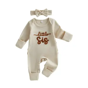 Baby Girls Romper Letter Embroidery Long Sleeve Round Neck Back Ruffled Jumpsuit with Bow Headband				 set