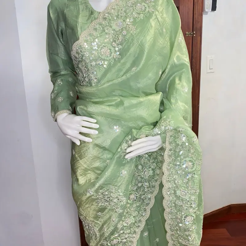 Women's Elegant Embroidered Beaded Party Saree with Long-Sleeve Blouse Piece - Clothes for Festive Occasions, Style-Focused, Hand-Wash Only, All-Seasons Wear