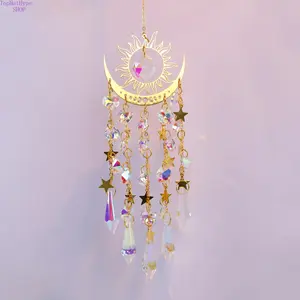 Golden Flame Moon Crystal Suncatcher Hanging Decor, AB Color Prism Wind Chime Pendant for Outdoor Garden & Window, Sparkling Rainbow Maker Boho Ornament Perfect for Yard, Balcony & Spiritual Gift Giving