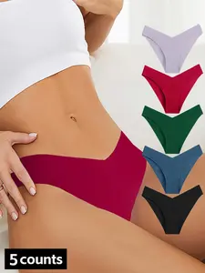 Women's 5pcs Solid  High Cut Knicker, Breathable Comfy Seamless No Show Panty for Daily Wear, Ladies Underwear for All Seasons