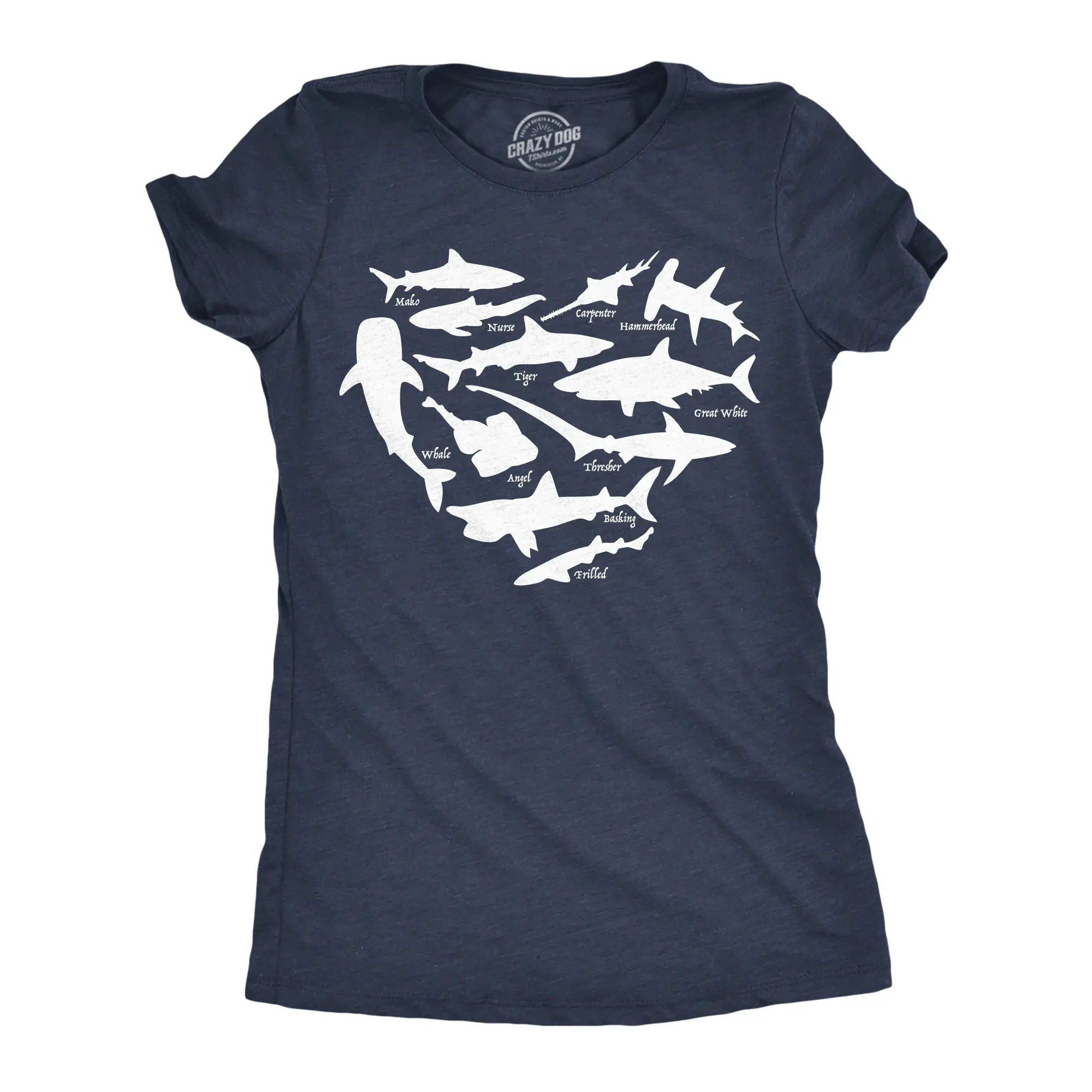 Womens Funny T Shirts Shark Types Heart Sarcastic Ocean Lover Tee For Ladies Funny Womens T Shirts Cute Vintage Fashion Casual Ladies T-Shirt Gift Shark Tops for Women Funny Animal Top Women's Novelty Tees Navy -