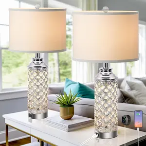 2Pcs 24" Table Lamps, Silver Crystal Nightstand Lamps with USB A+C Charging Ports, Bedside Lamps for Livingroom, Office, Study Room, Guest Room