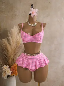 Women's 2 Pieces Plaid Print Tankini Swimwear With Underwire, Suitable For Summer Beach
