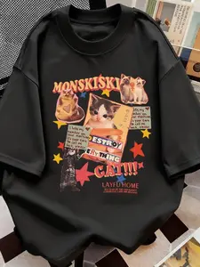 Vintage Cat Patchwork Print Short Sleeve T-Shirt, American Sweet Cool Cat Lovers Style, Loose Fit Half Sleeve, Unisex Casual Top