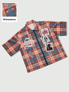 Men's High-Quality Short Sleeve Plaid Shirt with Jacquard Fabric, Unique Rhinestone Print for Street Style, Versatile Casual Wear for All Seasons, Perfect for Tropical Beach Parties and Casual Outdoor Looks