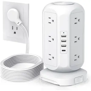 Tower Power Strip Flat Plug with 12 Outlets 4 USB(1 USB C), Surge Protector  Station with Overload Protection, Widely Spaced Multiple Outlets 10Ft Extension Cord for , Dorm,Office