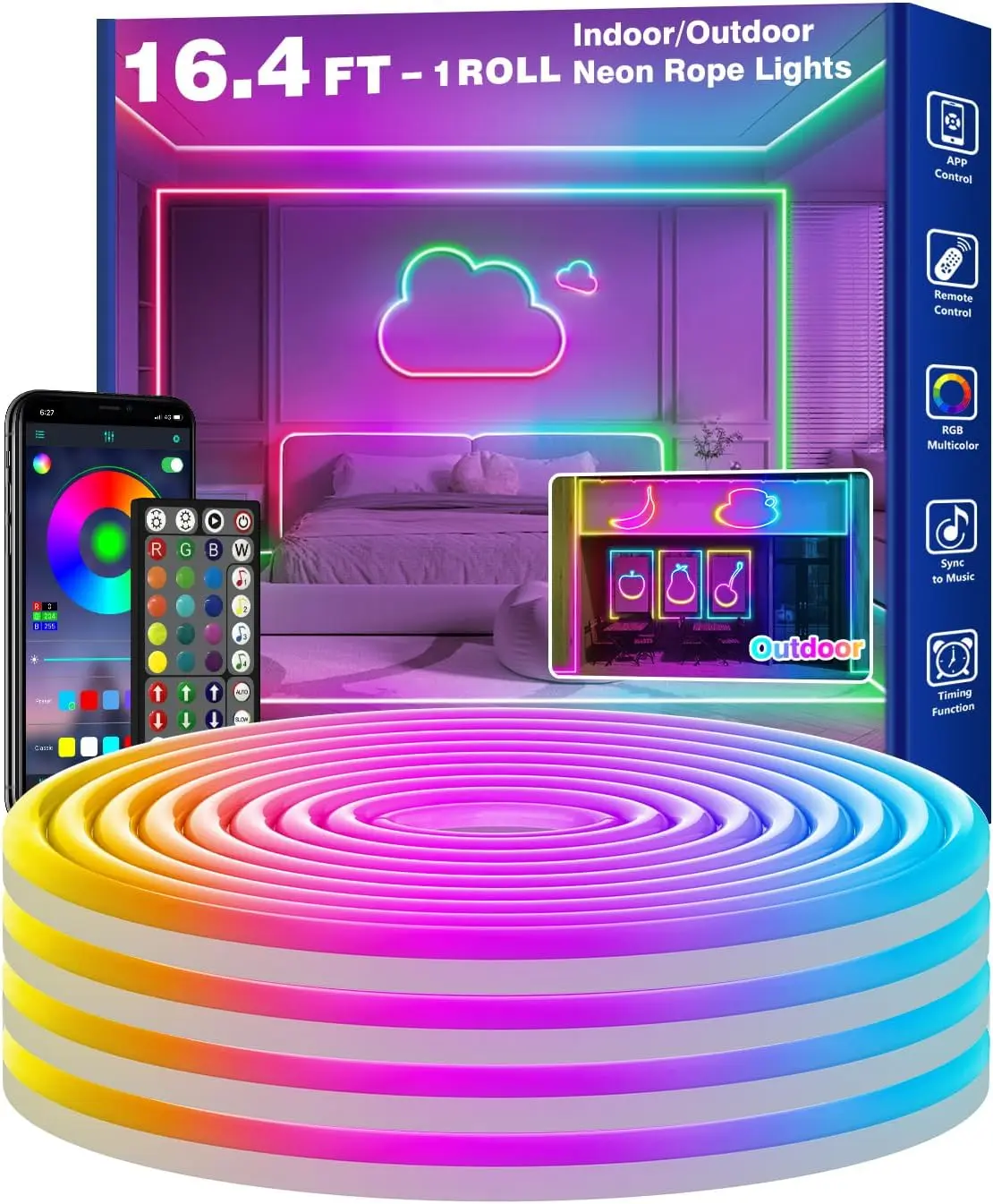 16.4Ft Neon Rope Lights,Flexible Led Rope Lights Control with App/Remote,Multiple Modes Music Sync Gaming RGB Led Neon Lights for Bedroom Outdoor