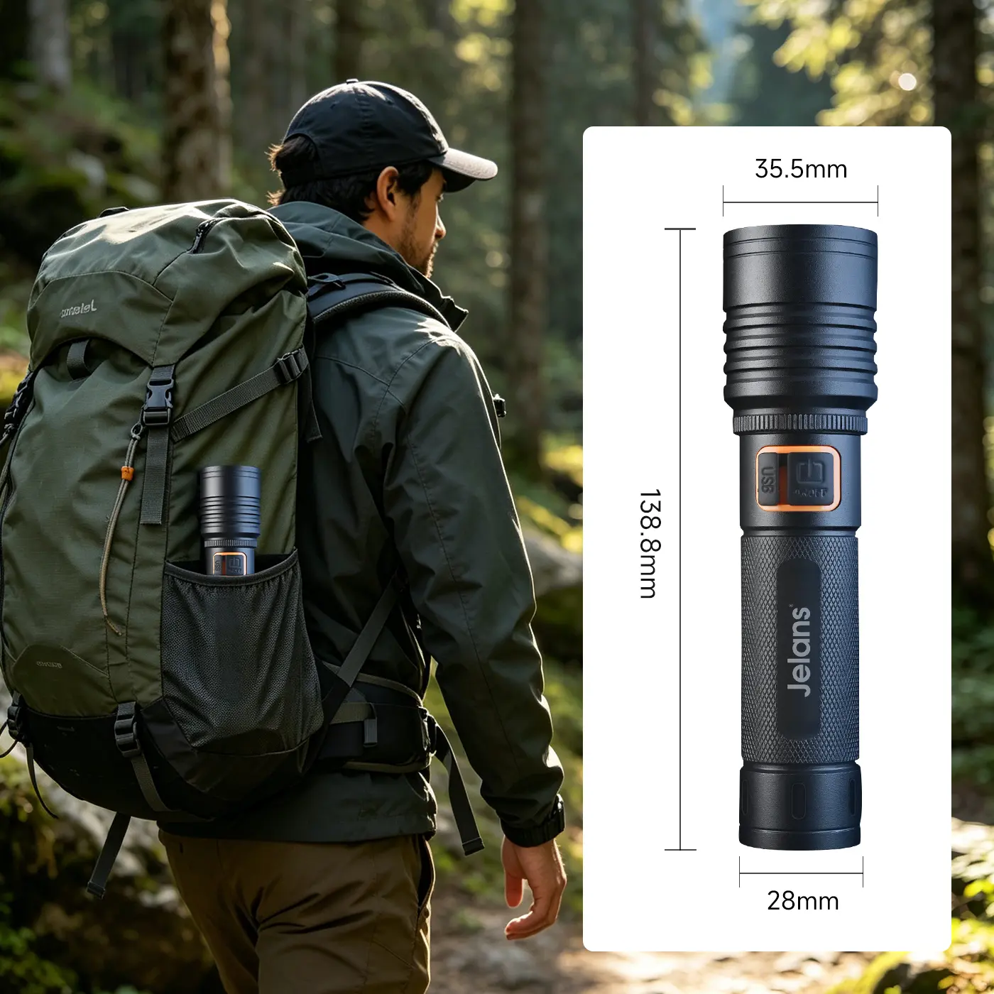 Jelans High-Lumen Rechargeable LED Flashlight—Features zoom functionality, waterproof design, 4 modes, and a USB-C port; made of aluminum alloy with a durable, drop-resistant construction; ideal for camping, hiking, mountaineering, and more.