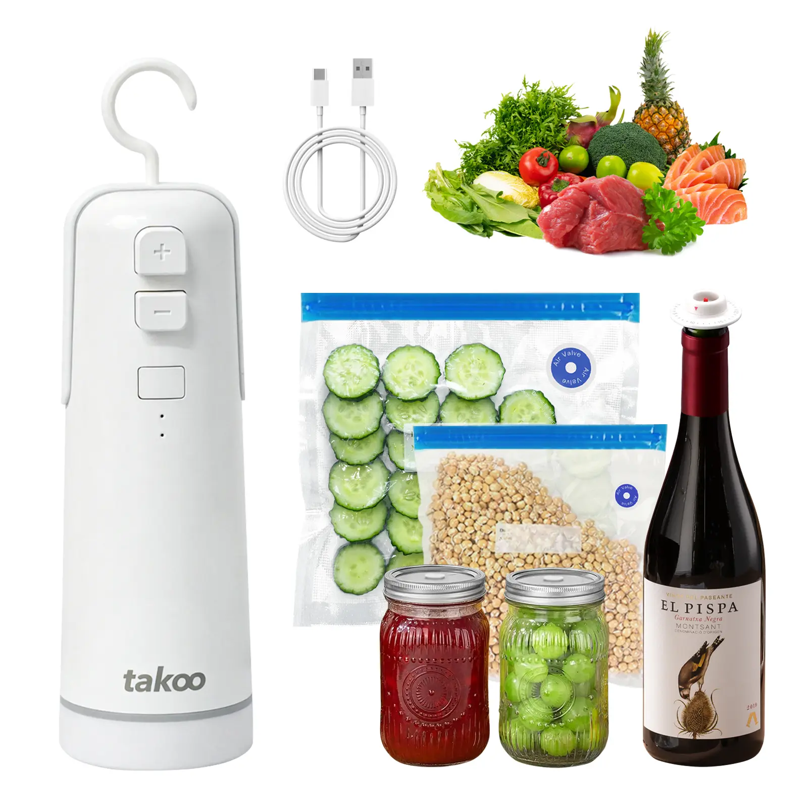 TAKOO Handheld Portable Cordless Vacuum Sealer Machine - 3-in-1 Cordless Vacuum Sealing Tool for Bags, Mason Jars, Wine Bottles, Seals Snacks, Ball Inflation, with Bonus Reusable Bags, Inflates Balls, Jar Vacuum Sealers