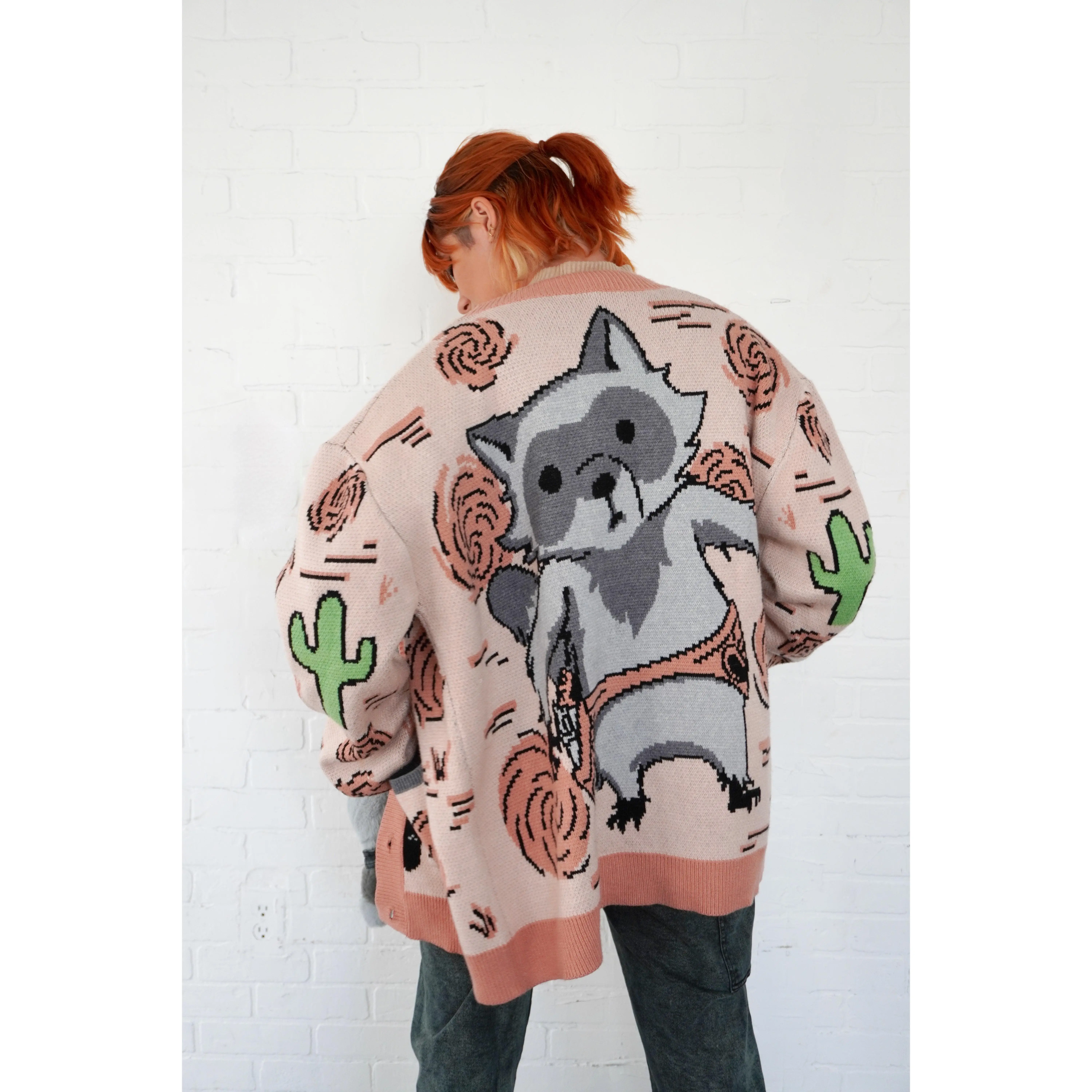 Steady Hands Outlaw Knit Cardigan Beige Gray Raccoon Cowboy Bandit
