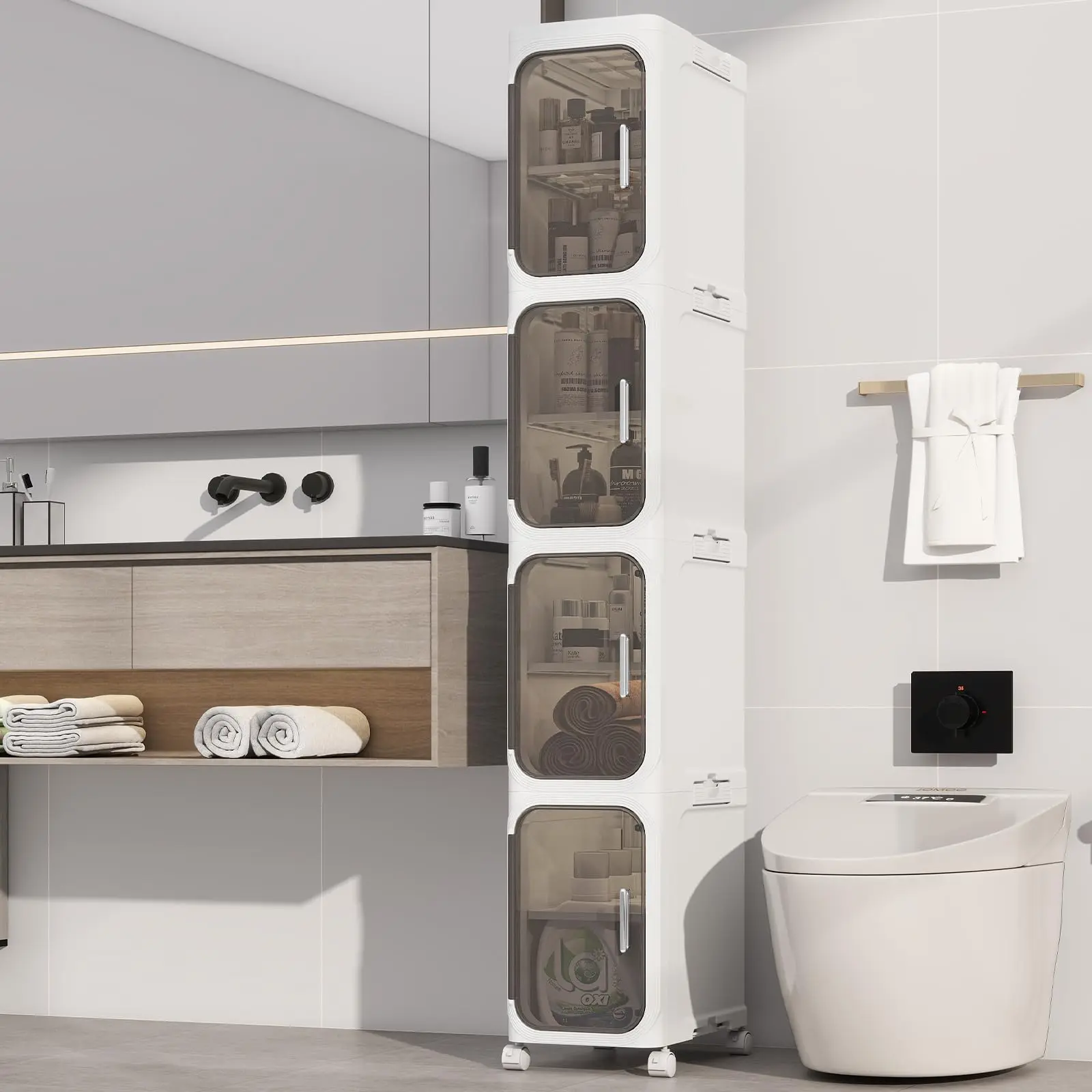 【Clearance/Fall Deals For You】KHNR 3/4/5-Tiers Slim Bathroom Storage Cabinet, Foldable Storage Cabinets,Narrow Bathroom Storage,Movable Bathroom Storage Organizer for Small Spaces,Bathroom,Kitchen,Laundry,White