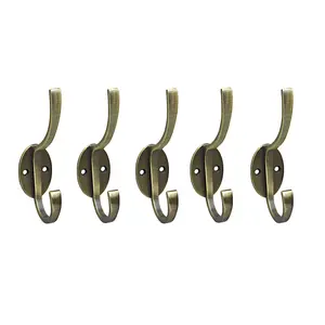 Set of 5 Antique Brass Finish Metal Wall Mounted Hat / Coat Hooks