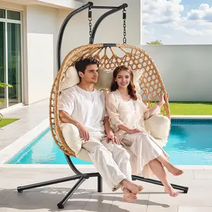 【Valentine's Day gift】ONBRILL Double Hanging Egg Chair with Stand, Bohemian Knot Style Hammock Swing Chair, Foldable Basket & Denser Weaves, 650 Lbs Capacity Loveseat with UV Resistant Cushion for Patio, Backyard