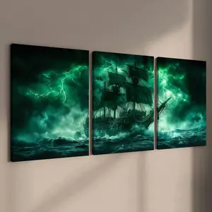 Ghost Ship Pattern Canvas Painting with Frame, 3 Counts/set Modern Art Wall Art, Wall Decor for Home Living Room Bedroom Office, Ornaments