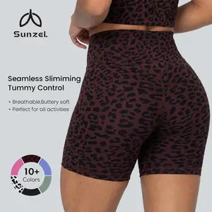 Sunzel Women's Leopard Print No Front Seam Biker Shorts, 5" V  High Waist Yoga Booty Shorts, Buttery Soft Seam #Summervibes less Smooth Fabric, Tummy Control Workout Gym Shorts Summer Outdoor Bottoms