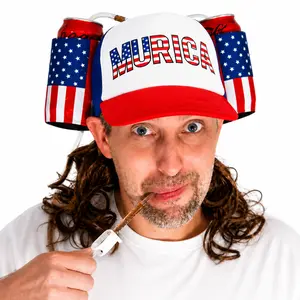HandinHandCreations USA Hat Merica 4th of July All American Costume Drink Holder with Straw Mullet Costume White Cap