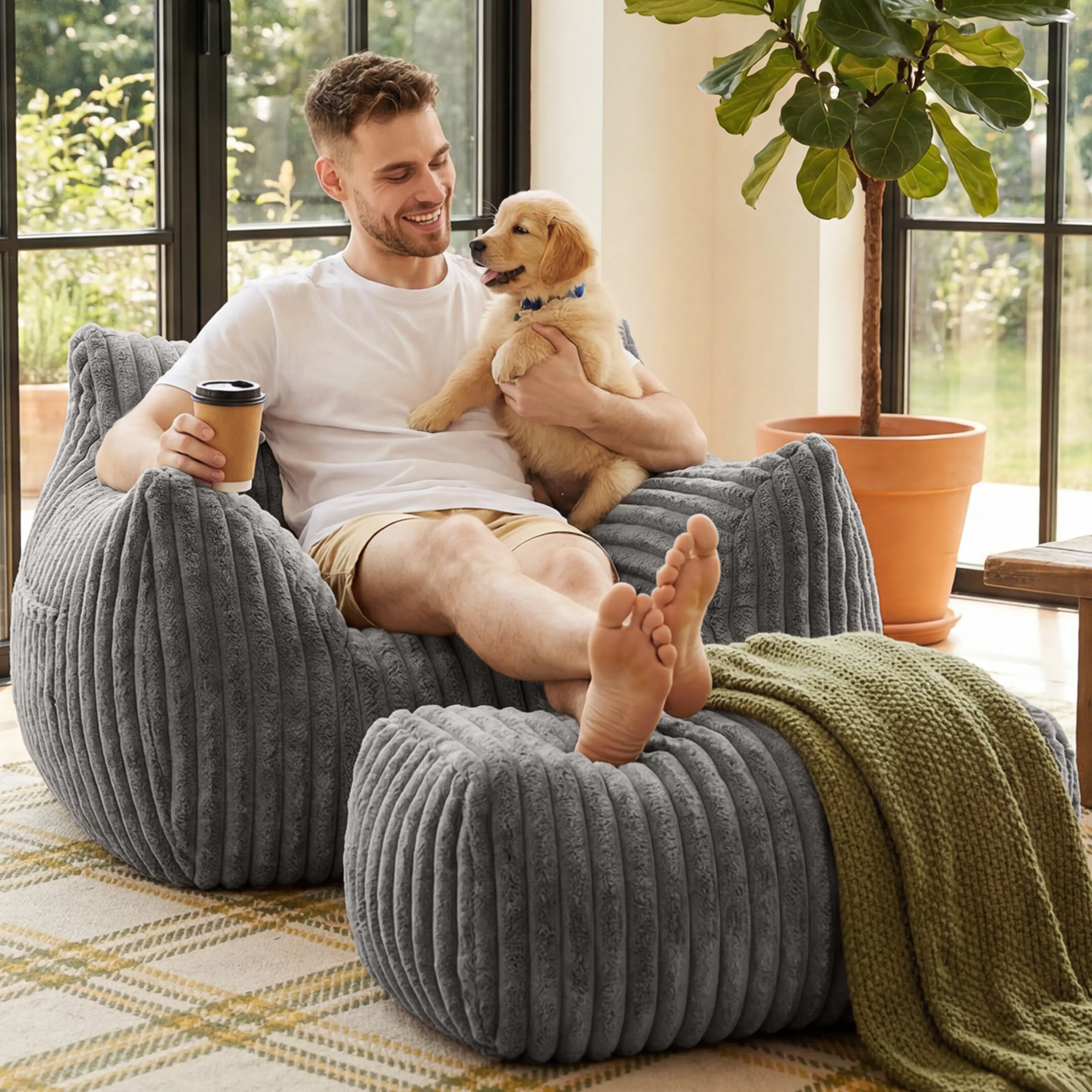 Match Memory Extra-Large Lazy Sofa + Footrest, Adult Bean Bag Chair, Ergonomic Design, No Assembly Required, Removable & Washable — Perfect for leisure, reading, or gaming; suitable for living rooms, bedrooms, dorms, apartments, and offices