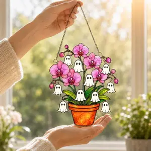 Summerween Pink Orchid Acrylic Suncatcher, Ghost Orchid Window Hanging, Cute Spooky Halloween Decor, Floral Sun Catcher