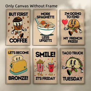 Set Of 6 Unframed Retro Kitchen Wall Art, Funny Kitchen Food Wall Poster, Aesthetic Room Decor,Waterproof Canvas Wall Art, Artwork Wall Painting For Gift, Dining Room, Cafe, Bar, Living Room, Bedroom Home And Dormitory Decoration