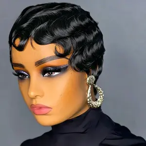 ShowRealHair Finger Wave Wigs Short Wavy Finger Wave Pixie Cut Wigs 13x4x1 T Part Lace Wavy Wig Brazilian Human Hair Wigs Finger Ocean Wave Wig 180% Density#SummerVibes