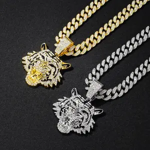 Cuban Necklace With Alloy Tiger Head Pendant Full Of Diamonds, Hip-Hop Street Style Jewelry