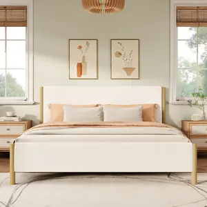 ARCH Modern White Boucle Upholstered Bed with Rubberwood Legs, KING, White
