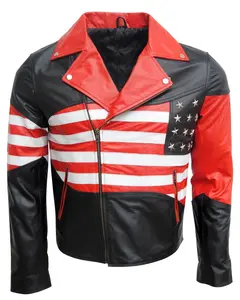 Biker USA Flag Motorcycle Black Vintage Leather Jacket