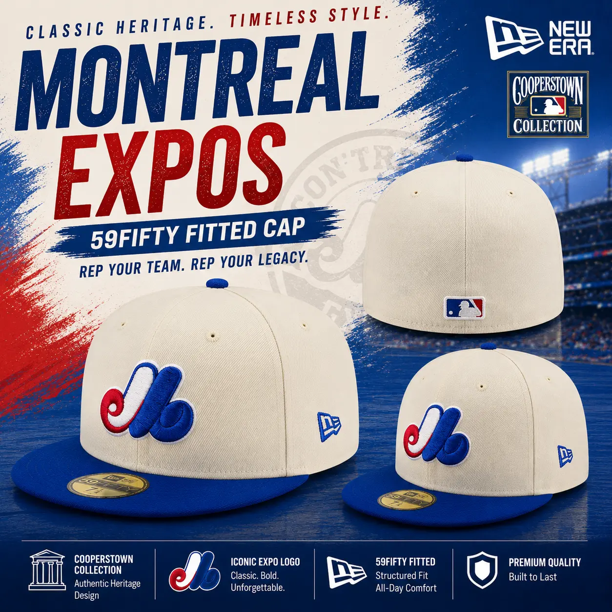 Montreal Expos New Era 59FIFTY Fitted Hat Off White Blue Classic MLB Baseball Cap