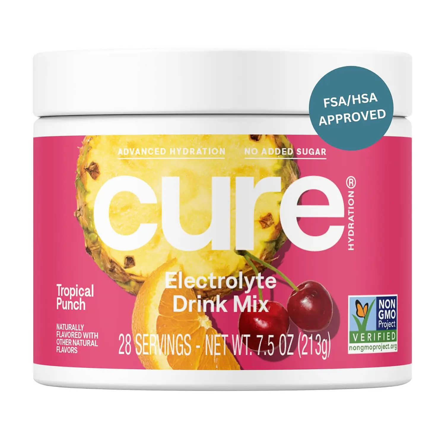 Cure Hydration | Plant-Based Electrolyte Drink Mix | No Added Sugar | Dehydration Relief Powder Made with Coconut Water | Non-GMO | Vegan | 28 Servings Jar - Tropical Punch