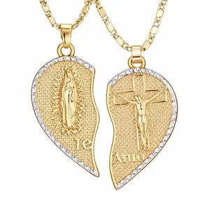ARKENIA Virgin Mary Heart Necklace 18K Gold Plated Double Chain Combination Prayer Pendant for Women & Men TE AMO Inscribed Couple Necklace Religious Symbolism Elegant Dual Heart Design45cm Chain Length