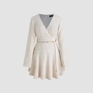 Cider [2 colors, size 0-26] Tweed V-neck Solid Faux Pearl Mini Dress