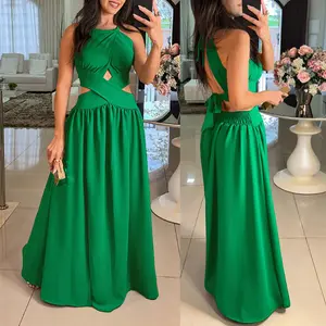 Women's Halter Sleeveless Tied Detail Shirred Criss Cross Flared Dress Glamorous Evening Dress