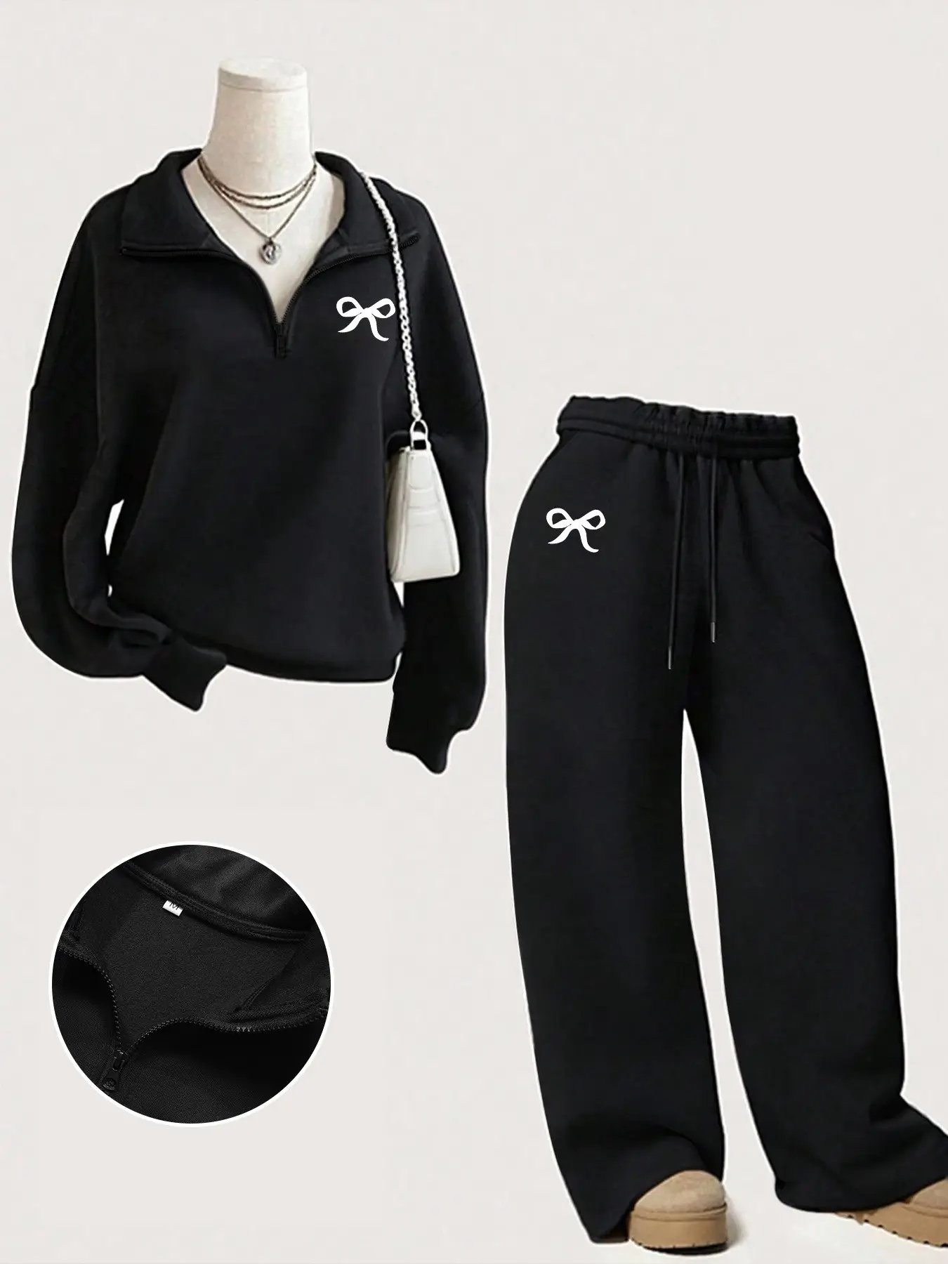 Women's Fall Winter Casual Butterfly Print Set Outfit, Stand Collar Zipper Long Sleeve Sweatshirt + Loose Fit Long Trouser Pants, Comfortable Leisure Wear, Perfect Layering Choice, Womenswear