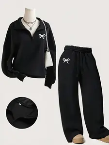 Women's Fall Winter Casual Butterfly Set Outfit, Stand Collar Zipper Sweatshirt + Loose Fit Long Pants, Comfortable Leisure Wear, Perfect Layering Choice