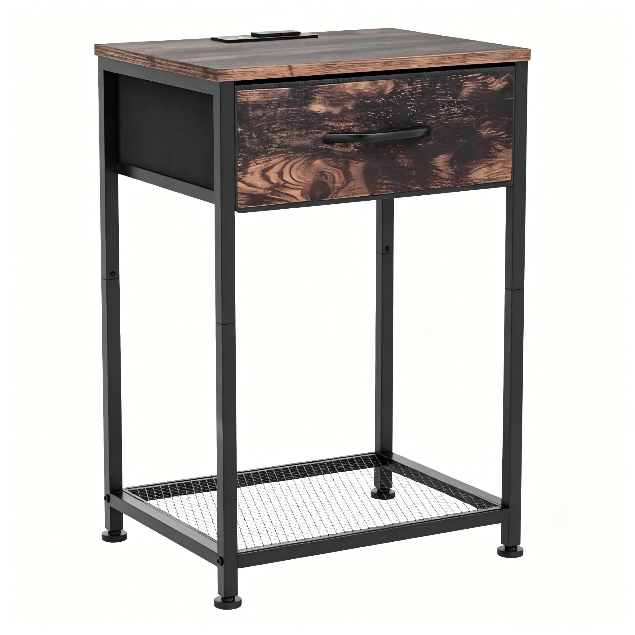 2-Piece Farmhouse Industrial Rustic Brown Bedroom End Tables with Charging Station, Fabric Drawers, 3-Tier Storage Table - Stable on Space-Saving Home Organizer for Bedroom, Apartment Decor